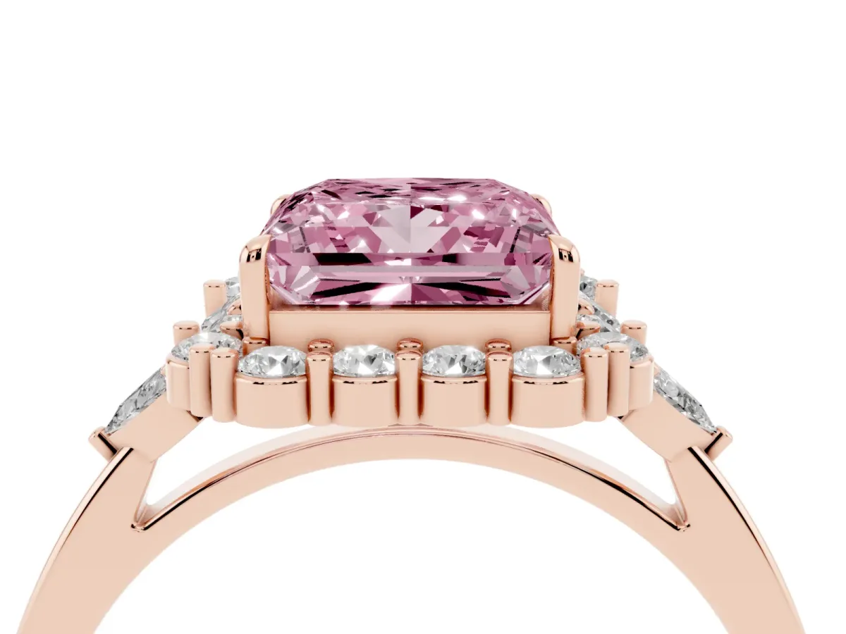 Fancy Pink Princess Cut Diamond Halo Ring with Pear Side Stones and Prong Setting Rose gold