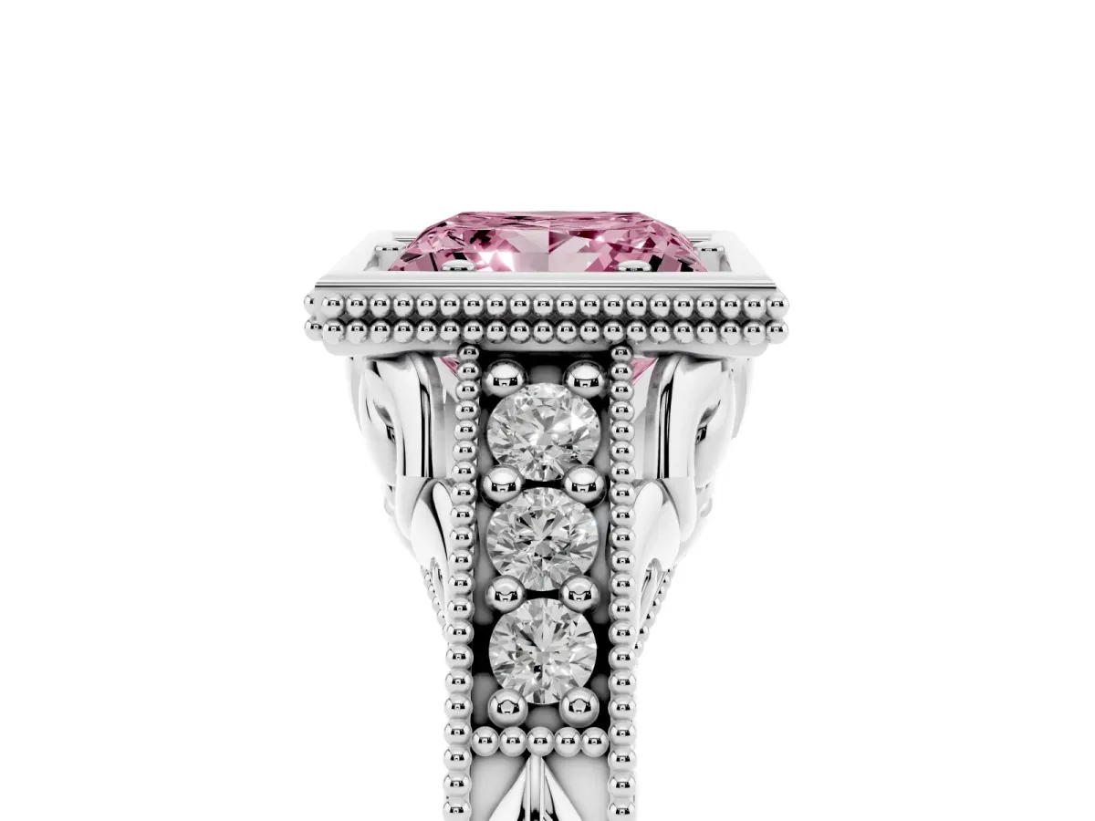 Fancy Pink Bezel Set Princess Cut Diamond Milgrain Pave Engagement Ring Platinum