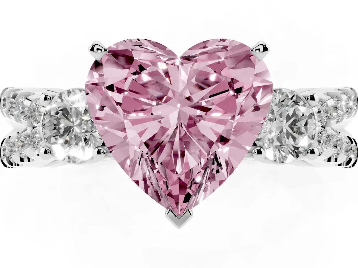 Fancy Pink Heart Cut Diamond Three-Stone Ring with Pavé Split Shank and Four-Prong Setting Platinum