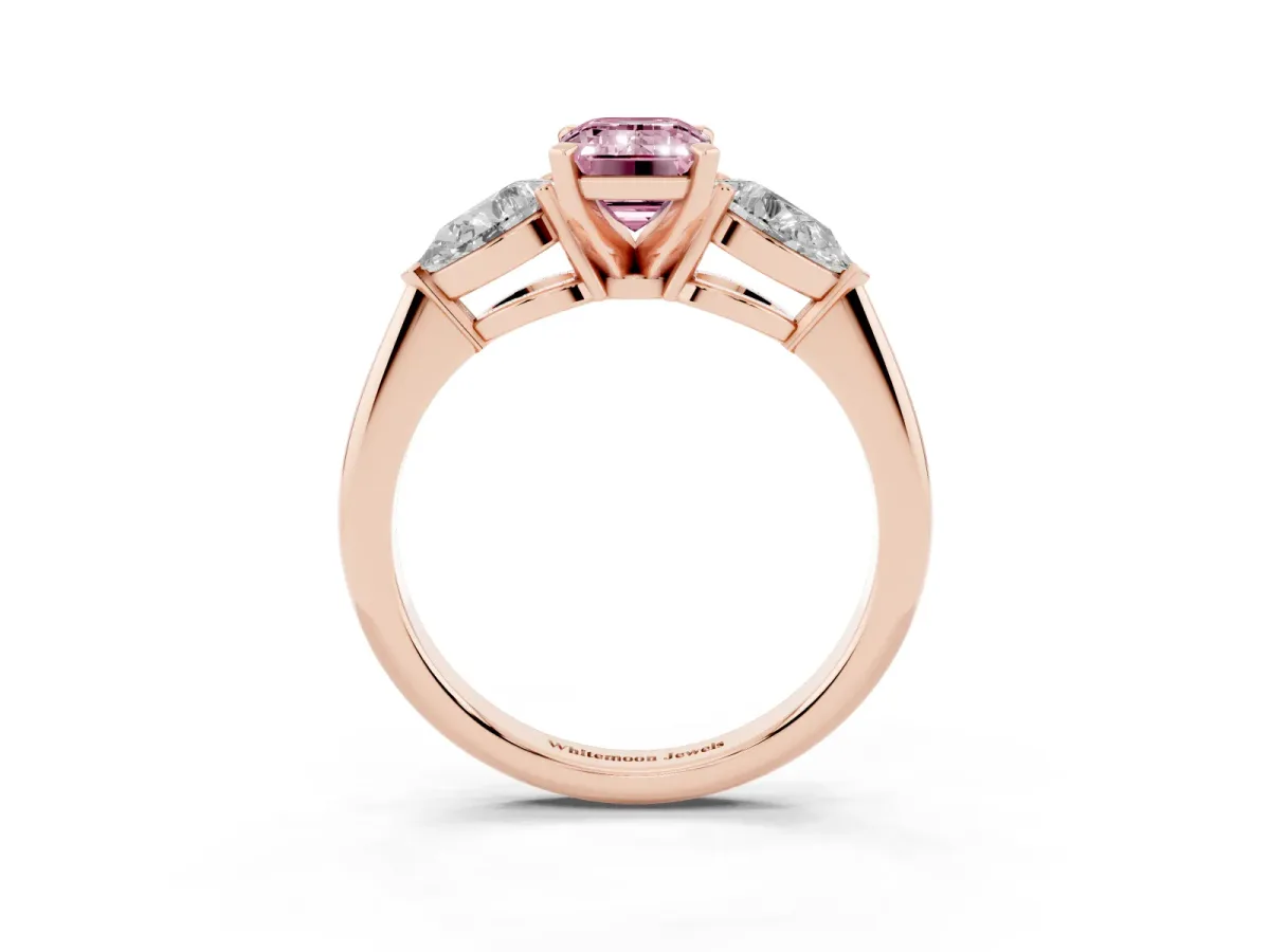 Fancy Pink Three-Stone Emerald Cut Diamond Ring with Pear Side Stones and Four-Prong Setting Rose gold