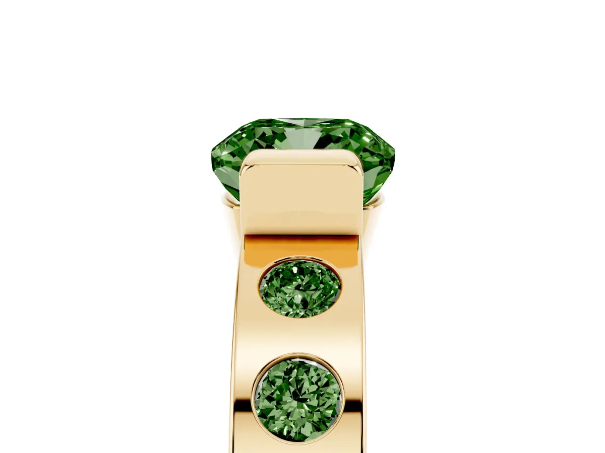Fancy Green Cushion Cut Brilliant Channel-Set Diamond Ring with Bezel Prong Setting Yellow gold
