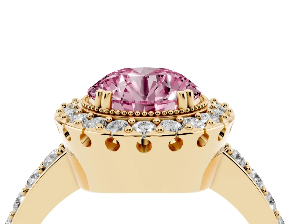 Fancy Pink Round Cut Diamond Halo Ring with Pavé Band and Prong Setting Yellow gold