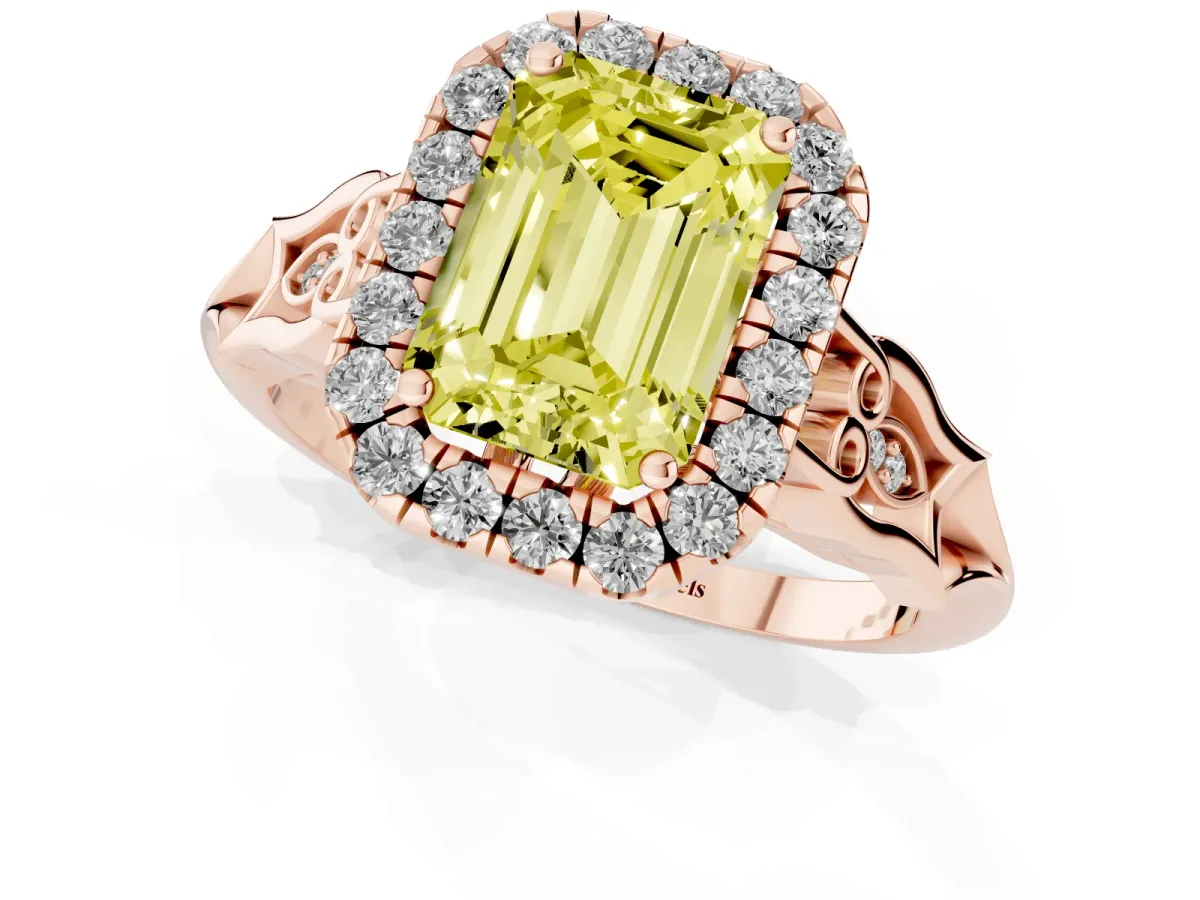 Fancy Yellow Emerald Cut Halo Diamond Engagement Ring with Filigree Band and Four-Prong Setting Rose gold
