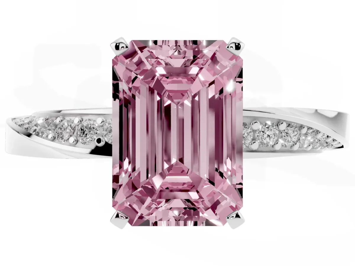 Fancy Pink Emerald Cut Diamond Engagement Ring with Side Stone Accents and Four-Prong Setting Silver