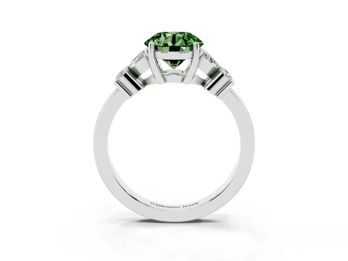 Fancy Green Round Cut Diamond Floral Cluster Ring with Solitaire Band and Prong Setting Silver