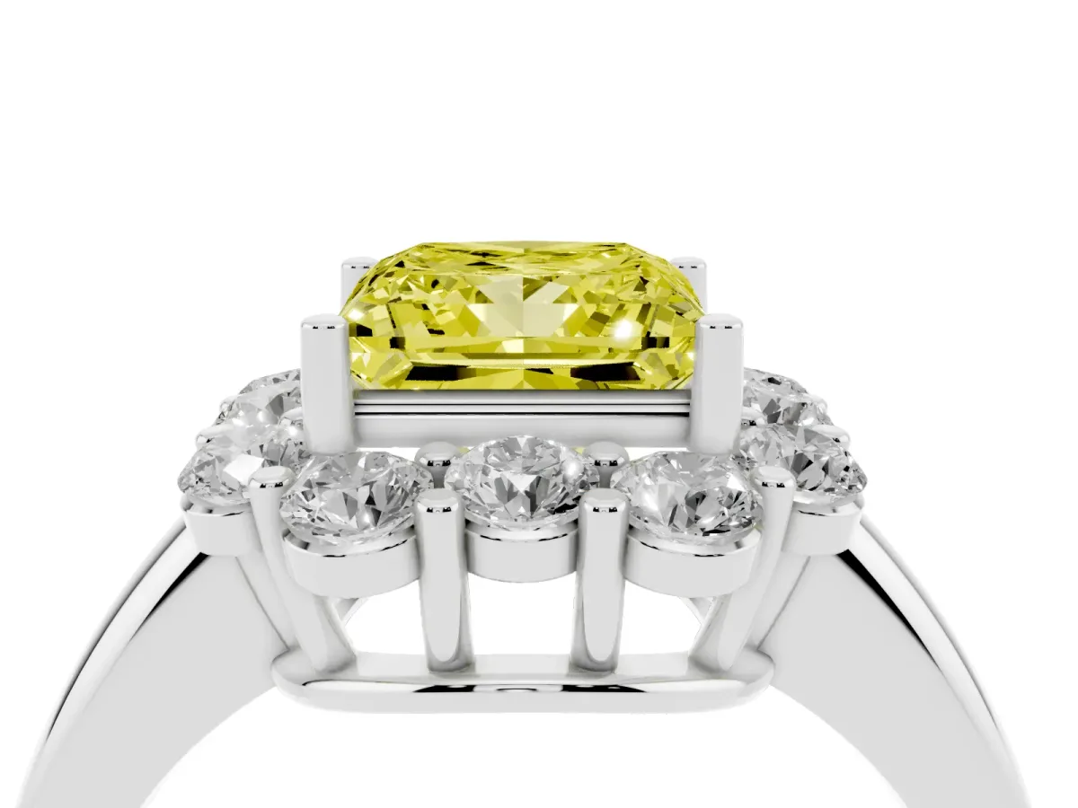 Fancy Yellow Princess Cut Halo Milgrain Solitaire with Bezel Set Side Stones and Pave Band Silver