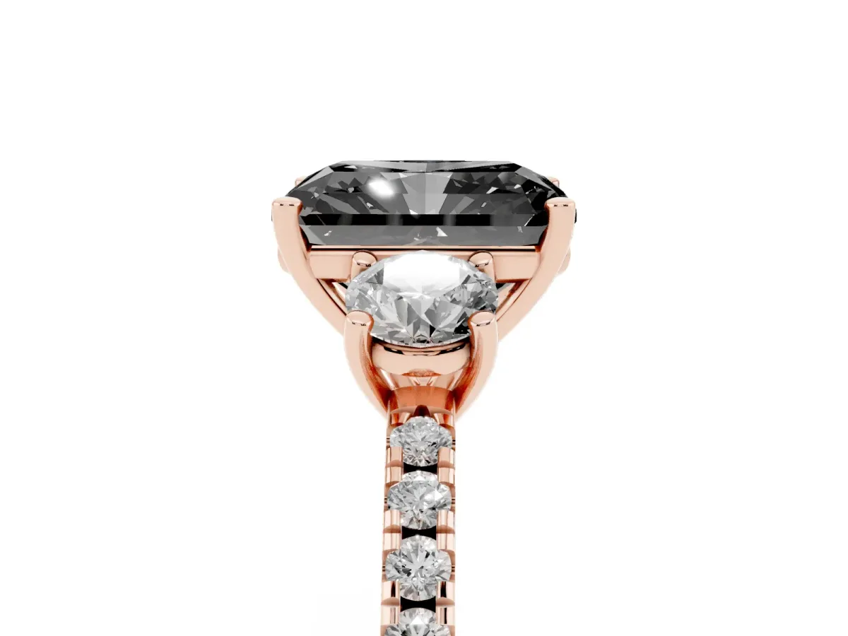 Fancy Black Three-Stone Radiant Cut Cut Diamond Pavé Band with Prong Setting Rose gold
