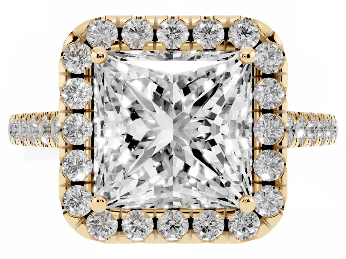 Princess Cut Halo Pavé Diamond Engagement Ring with Four-Prong Setting Yellow gold