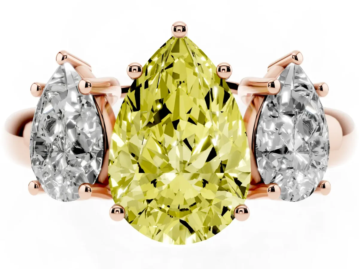 Fancy Yellow Three-Stone Pear Cut Diamond Engagement Ring with Prong Setting Rose gold