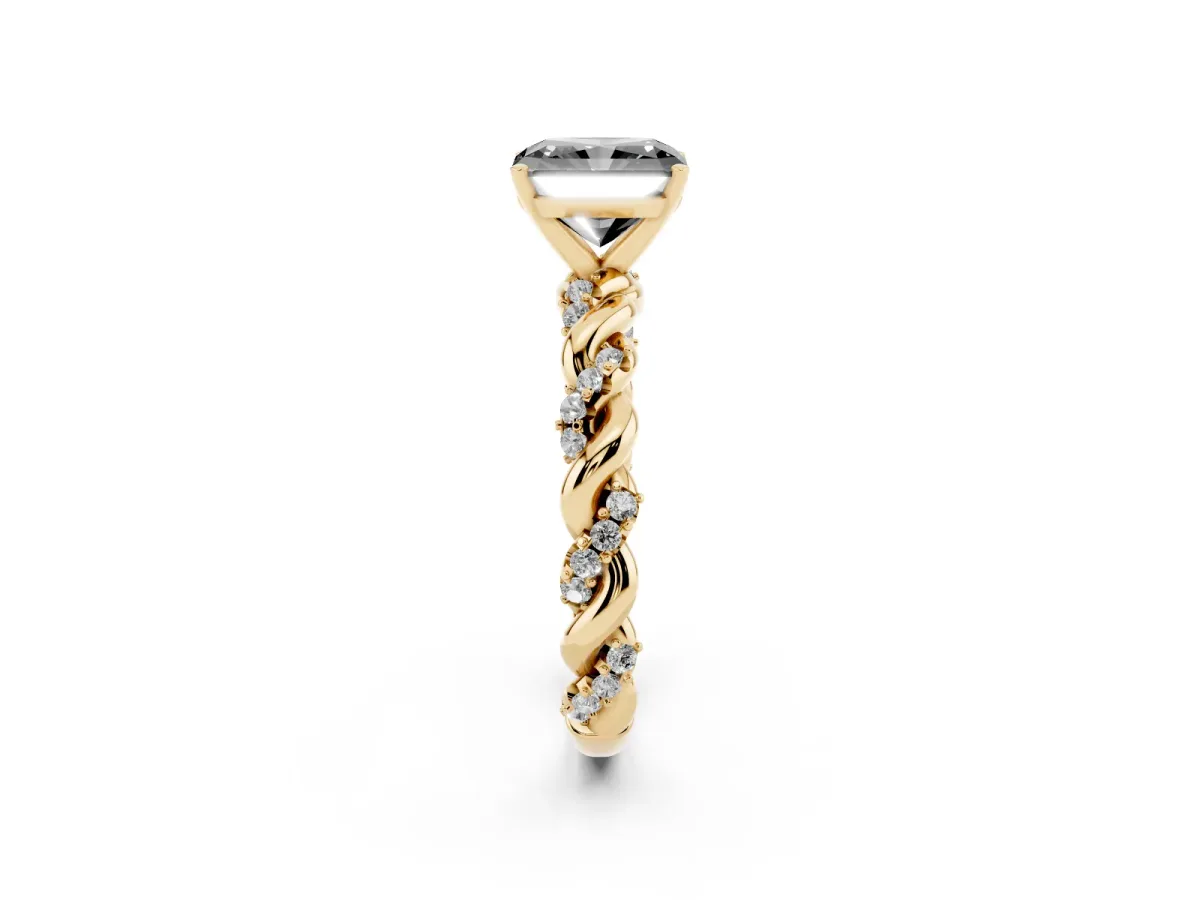 Fancy Black Radiant Cut Diamond Solitaire Ring with Twisted Band and Pavé Accents Yellow gold
