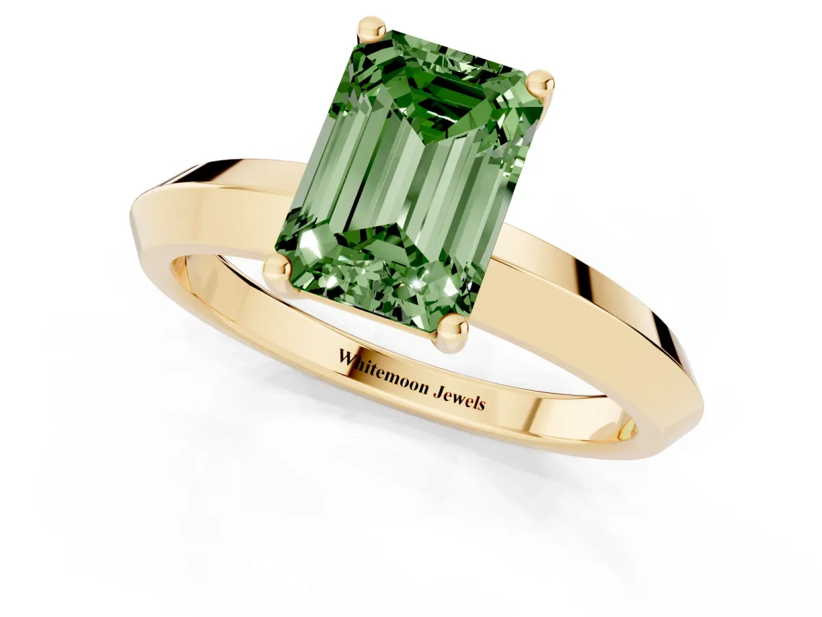 Fancy Green Emerald Cut Cut Solitaire Engagement Ring with Flat Band and Four-Prong Setting Yellow gold