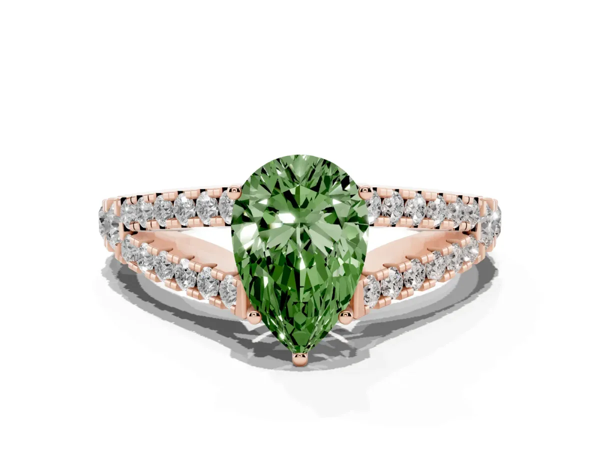 Fancy Green Pear Cut Diamond Split Shank Pavé Engagement Ring with Four-Prong Setting Rose gold