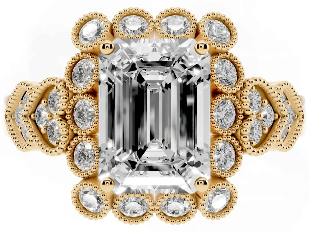 Emerald Cut Brilliant Milgrain Pave Heart Band Solitaire Ring Yellow gold