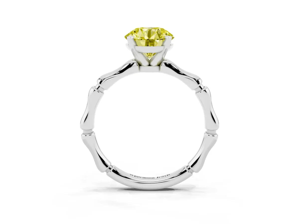 Fancy Yellow Round Cut Solitaire Diamond Ring with Bamboo Band and Four-Prong Setting Silver