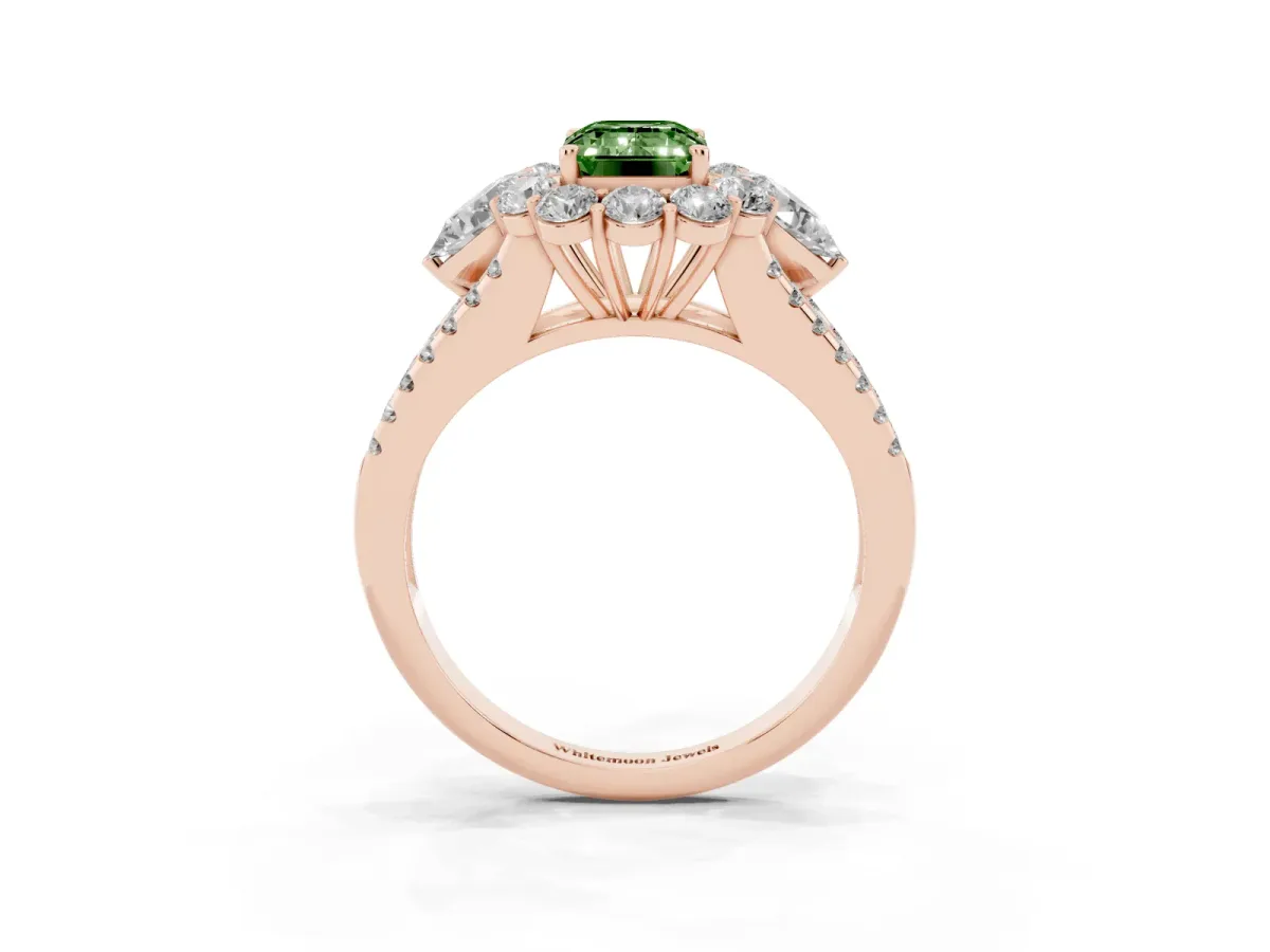 Fancy Green Emerald Cut Halo Split Shank Diamond Engagement Ring with Prong Setting Rose gold