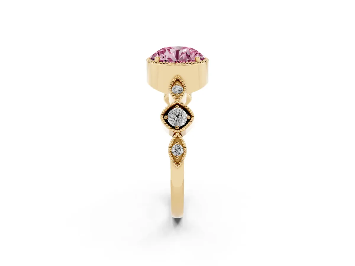 Fancy Pink Round Cut Diamond Vintage Milgrain Ring with Round Stations Yellow gold