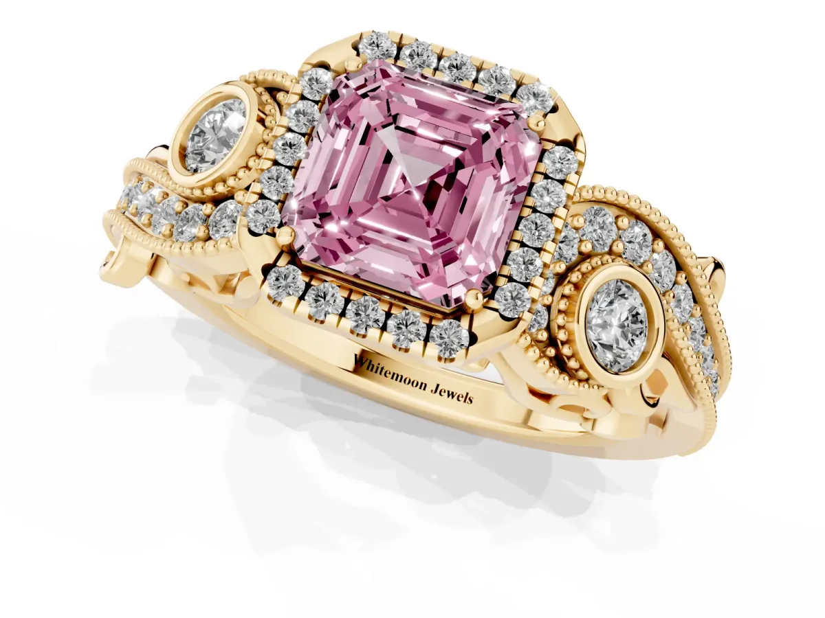 Fancy Pink Asscher Cut Diamond Halo Ring with Milgrain Pavé Band and Four-Prong Setting Yellow gold