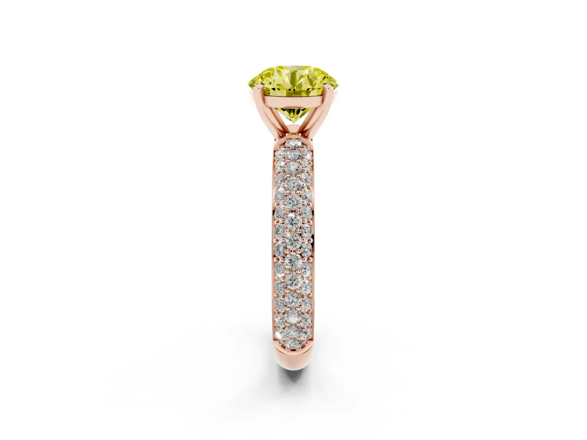 Fancy Yellow Round Cut Diamond Solitaire Ring with Prong Setting and Pavé Band Rose gold