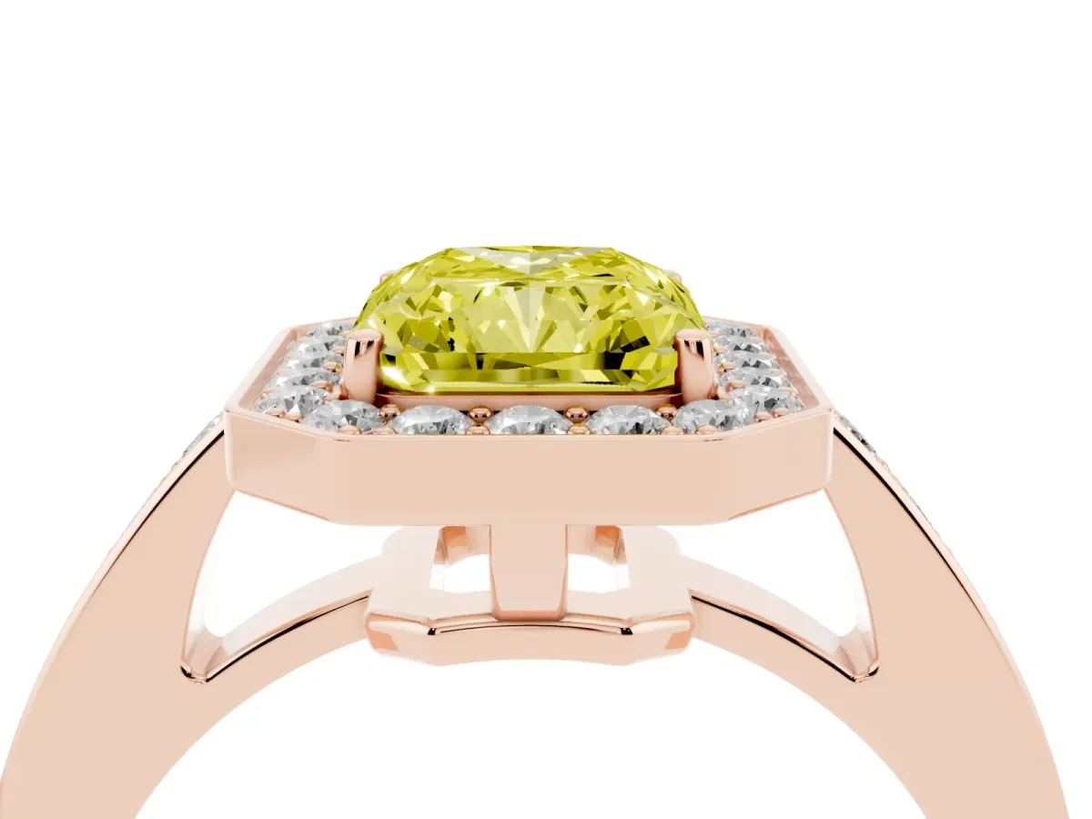 Fancy Yellow Radiant Cut Halo Pavé Diamond Engagement Ring with Bezel Setting Rose gold