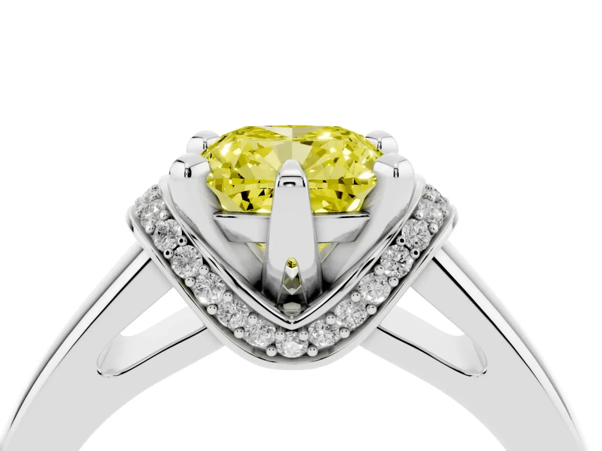 Fancy Yellow Cushion Cut Solitaire Diamond Ring with Pave Band and Six-Prong Setting Silver