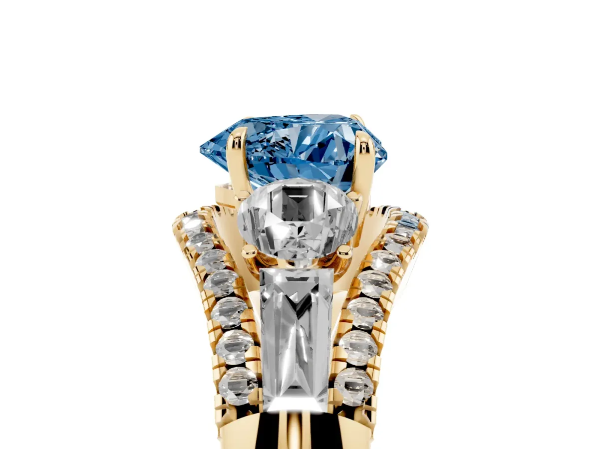 Fancy Blue Three-Stone Heart Cut Diamond Engagement Ring with Pave Band and Prong Setting Yellow gold