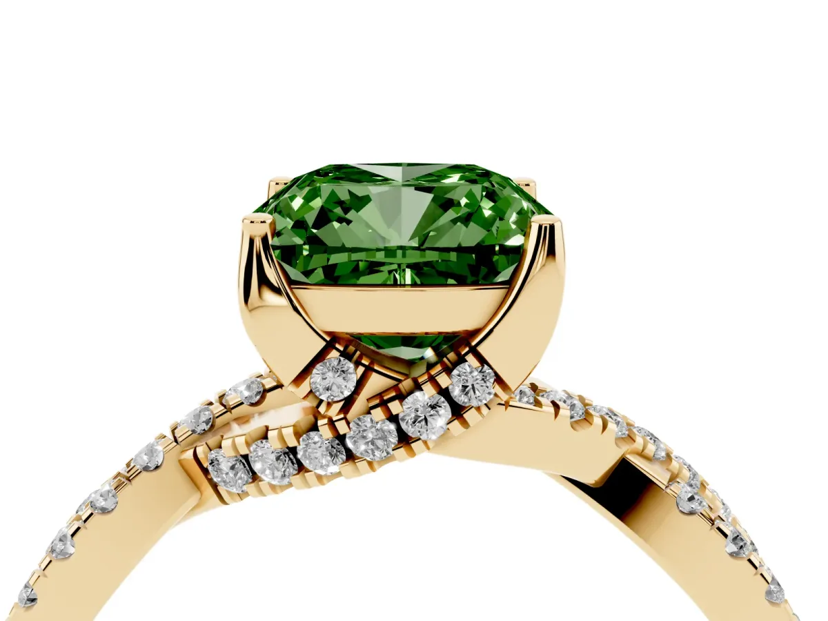 Fancy Green Cushion Cut Solitaire Twist Pave Diamond Engagement Ring with Prong Setting Yellow gold