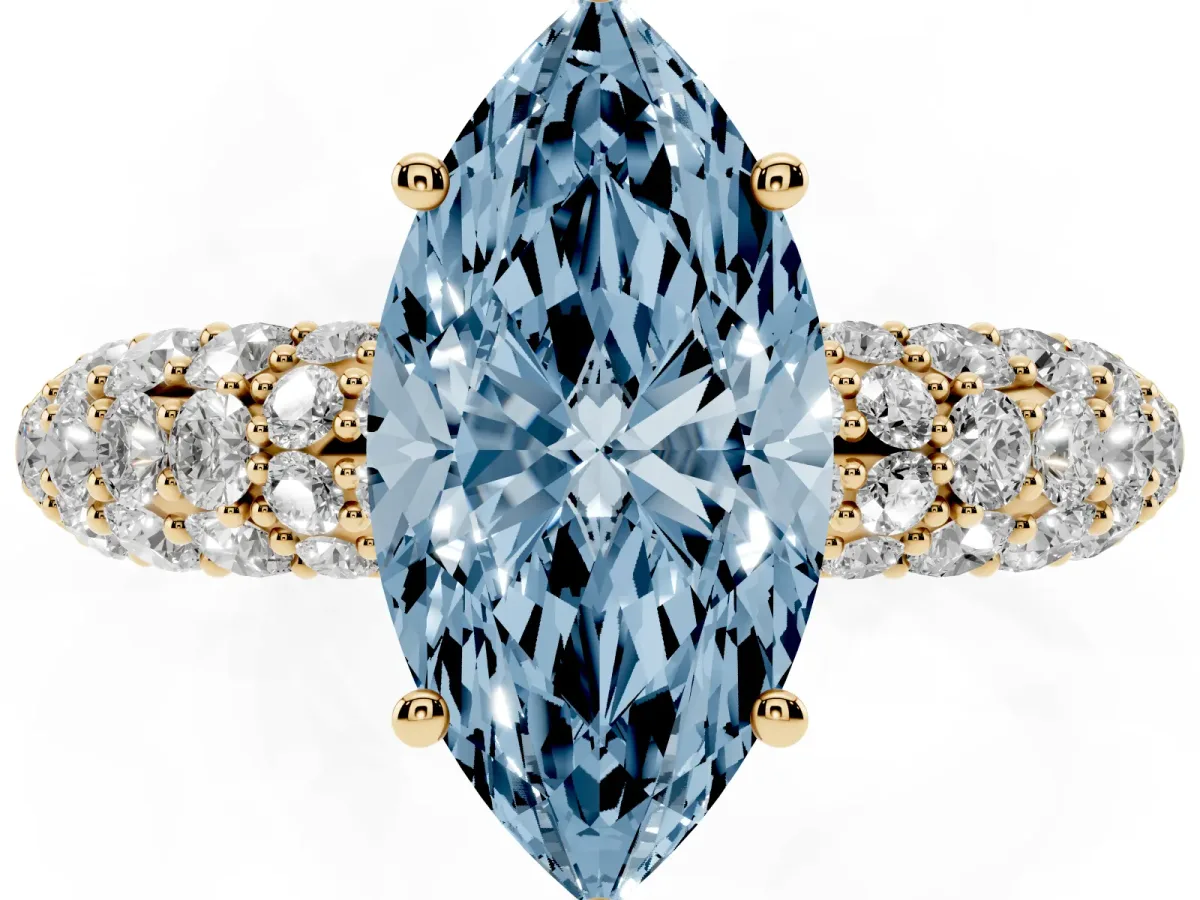 Fancy Blue Marquise Cut Diamond Pavé Band Solitaire Ring with Four-Prong Setting Yellow gold
