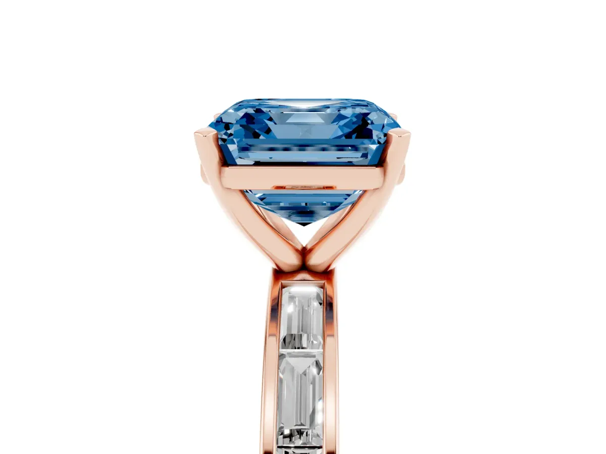 Fancy Blue Asscher Cut Solitaire Diamond Ring with Channel-Set Baguette Band and Four-Prong Setting Rose gold