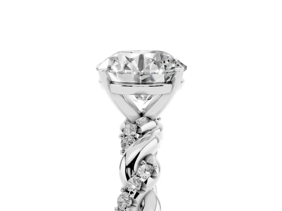 Round Cut Diamond Solitaire Ring with Twisted Band and Pavé Accents White gold