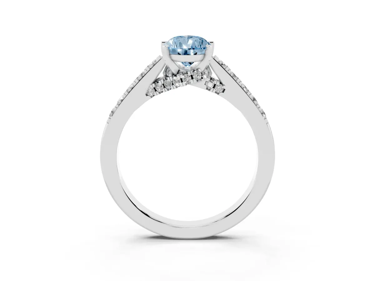 Fancy Blue Pear Cut Diamond Solitaire Ring with Crossover Gallery and Round Pavé Band Platinum
