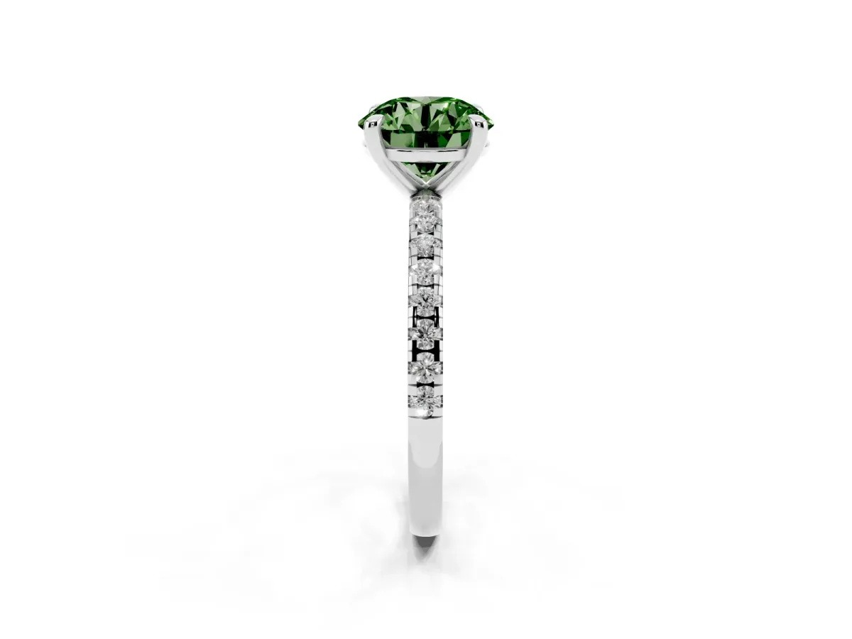 Fancy Green Round Cut Diamond Brilliant Solitaire Ring with Pavé Band and Four-Prong Setting White gold