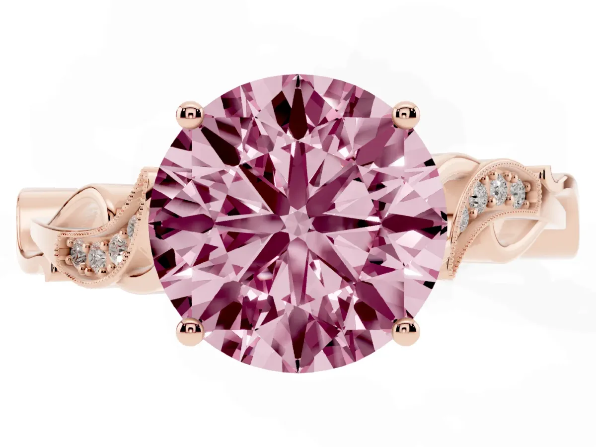Fancy Pink Round Cut Solitaire Vine Band with Milgrain Prong Setting Rose gold