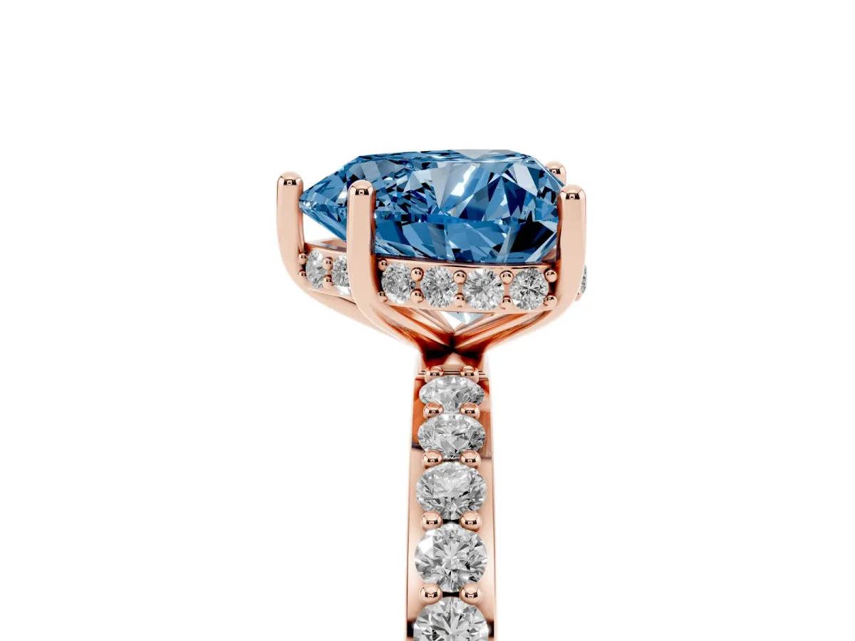 Fancy Blue Heart Cut Diamond Solitaire Ring with Pavé Band and Hidden Halo Rose gold