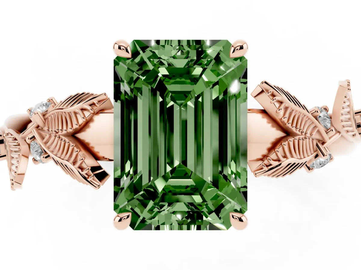 Fancy Green Emerald Cut Diamond Solitaire Ring with Leaf Motif Band and Four-Prong Setting Rose gold