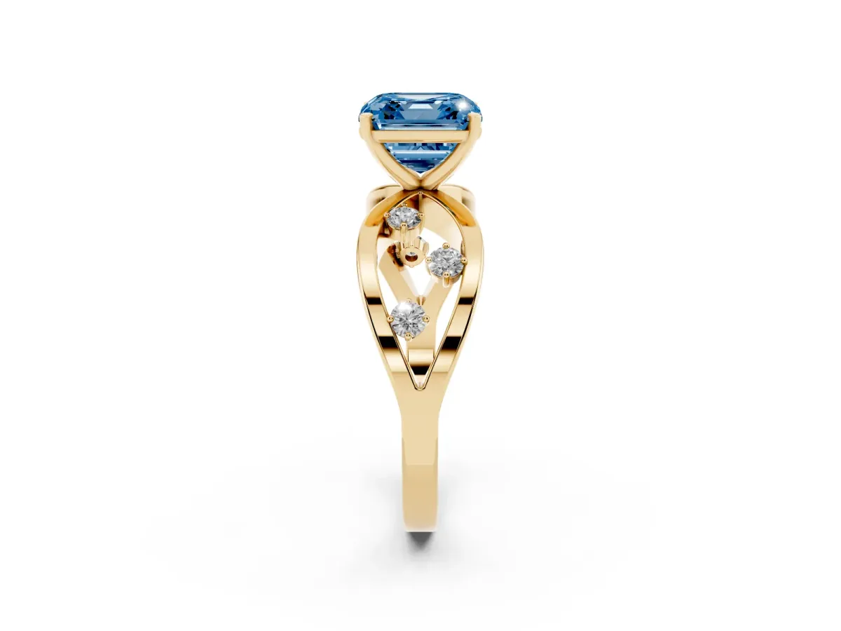 Fancy Blue Asscher Cut Cut Solitaire Diamond with Side Stones on Criss-Cross Band and Four-Prong Setting Yellow gold