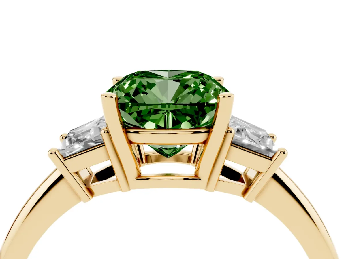Fancy Green Cushion Cut Diamond Three-Stone Ring with Trapezoid Side Stones and Prong Setting Yellow gold