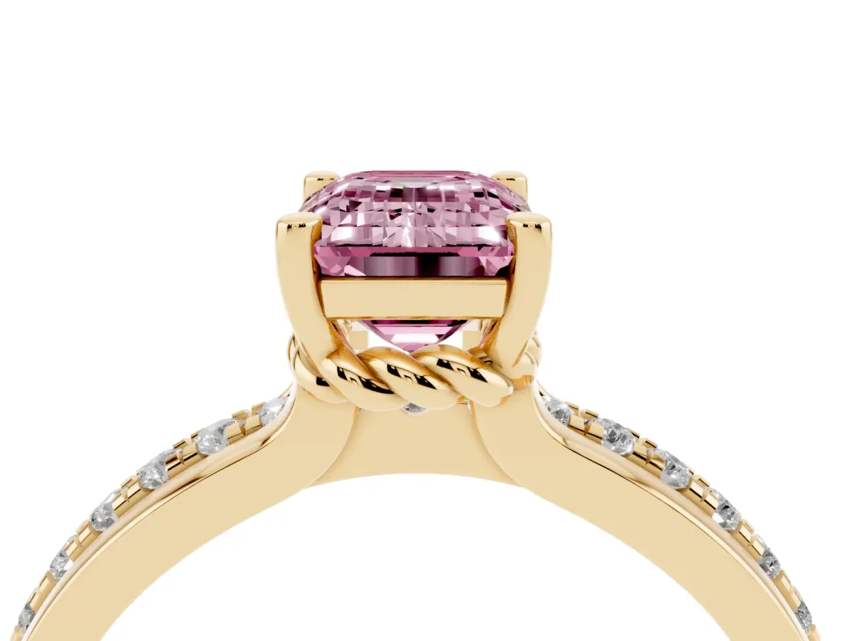 Fancy Pink Emerald Cut Solitaire Diamond Ring with Channel Set Band and Six-Prong Setting Yellow gold