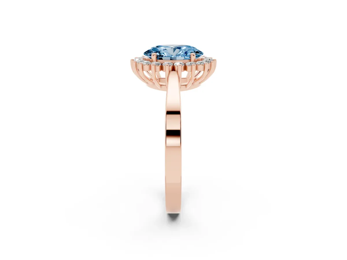 Fancy Blue Oval Cut Cut Diamond Halo Ring with Round Brilliant Halo and Solitaire Band Rose gold