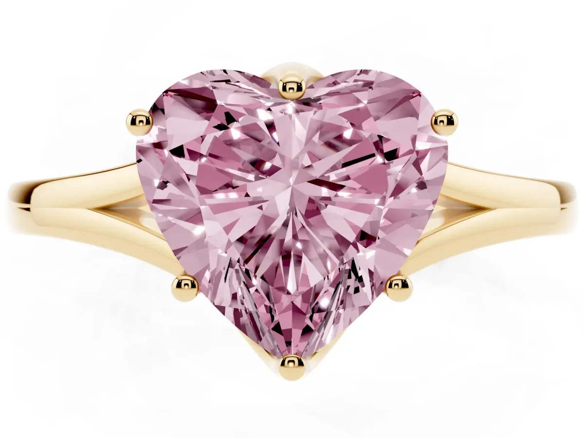 Fancy Pink Heart Cut Solitaire Diamond Ring with Six-Prong Setting and Tapered Band Yellow gold