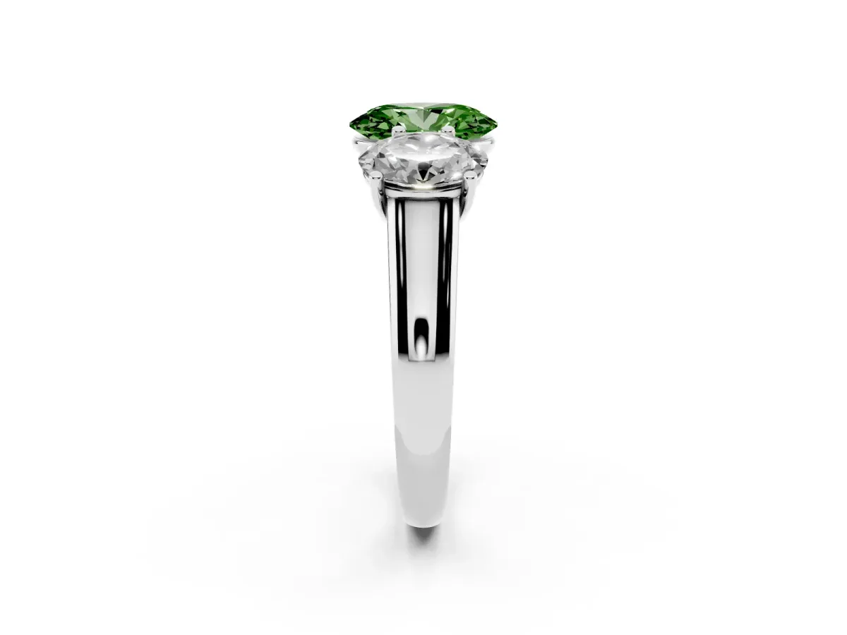 Fancy Green Oval Cut Three-Stone Diamond Ring with Prong Setting on a Classic Band Platinum