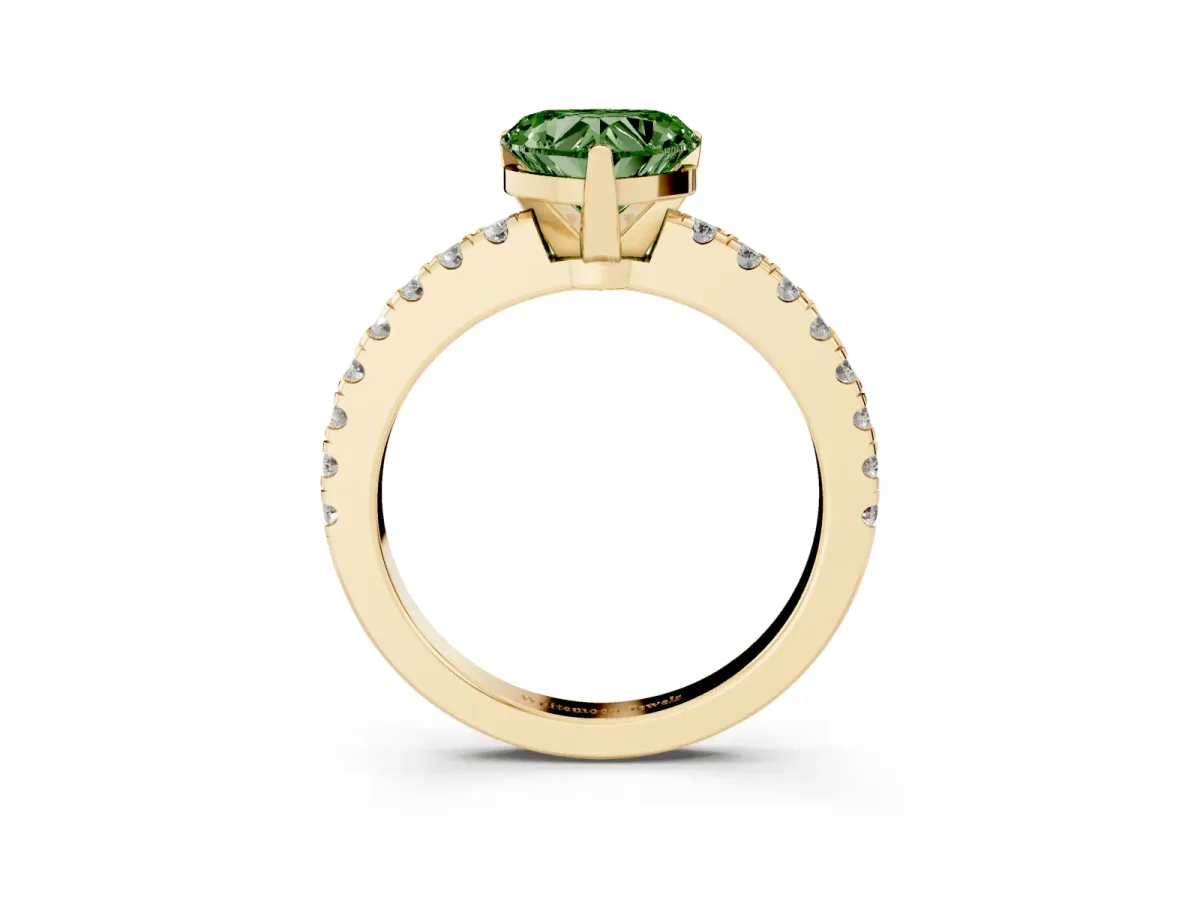 Fancy Green Heart Cut Solitaire Diamond with Pavé Band and Four-Prong Setting Yellow gold