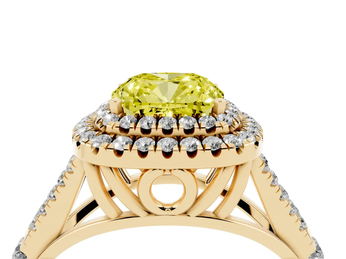 Fancy Yellow Cushion Cut Diamond Pavé Split Shank Double Halo Engagement Ring Yellow gold