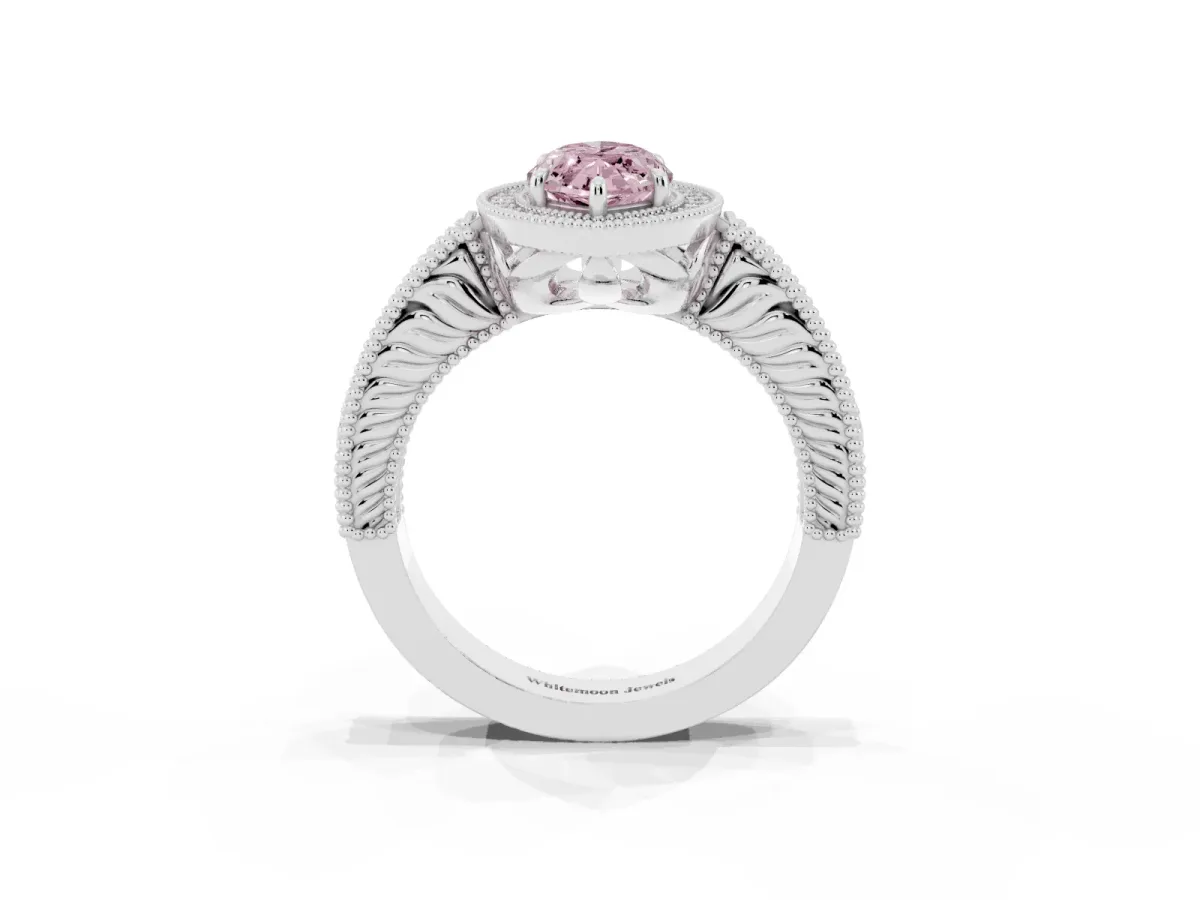 Fancy Pink Marquise Cut Cut Halo Diamond Ring with Pavé Band and Four-Prong Setting Platinum