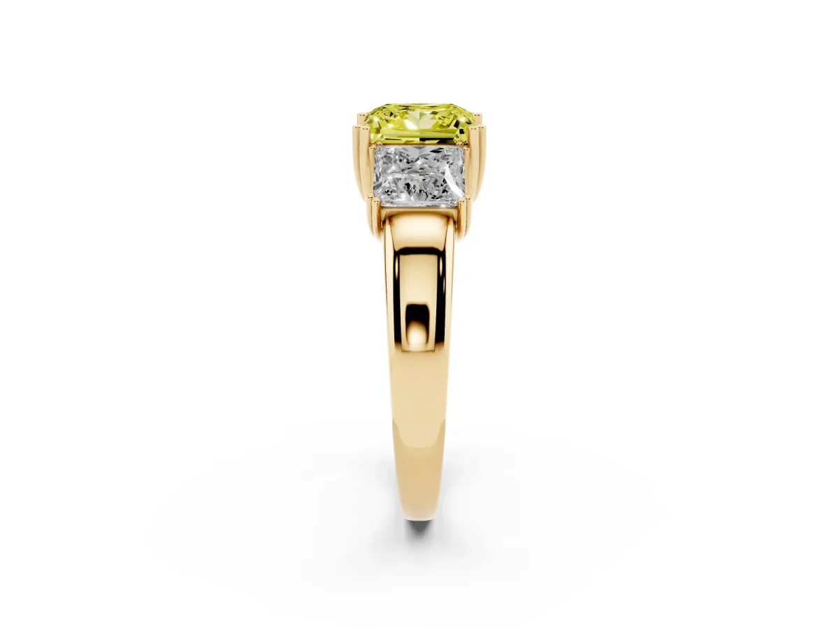 Fancy Yellow Three-Stone Princess Cut Cut Diamond Ring with Channel Set Band and Four-Prong Setting Yellow gold