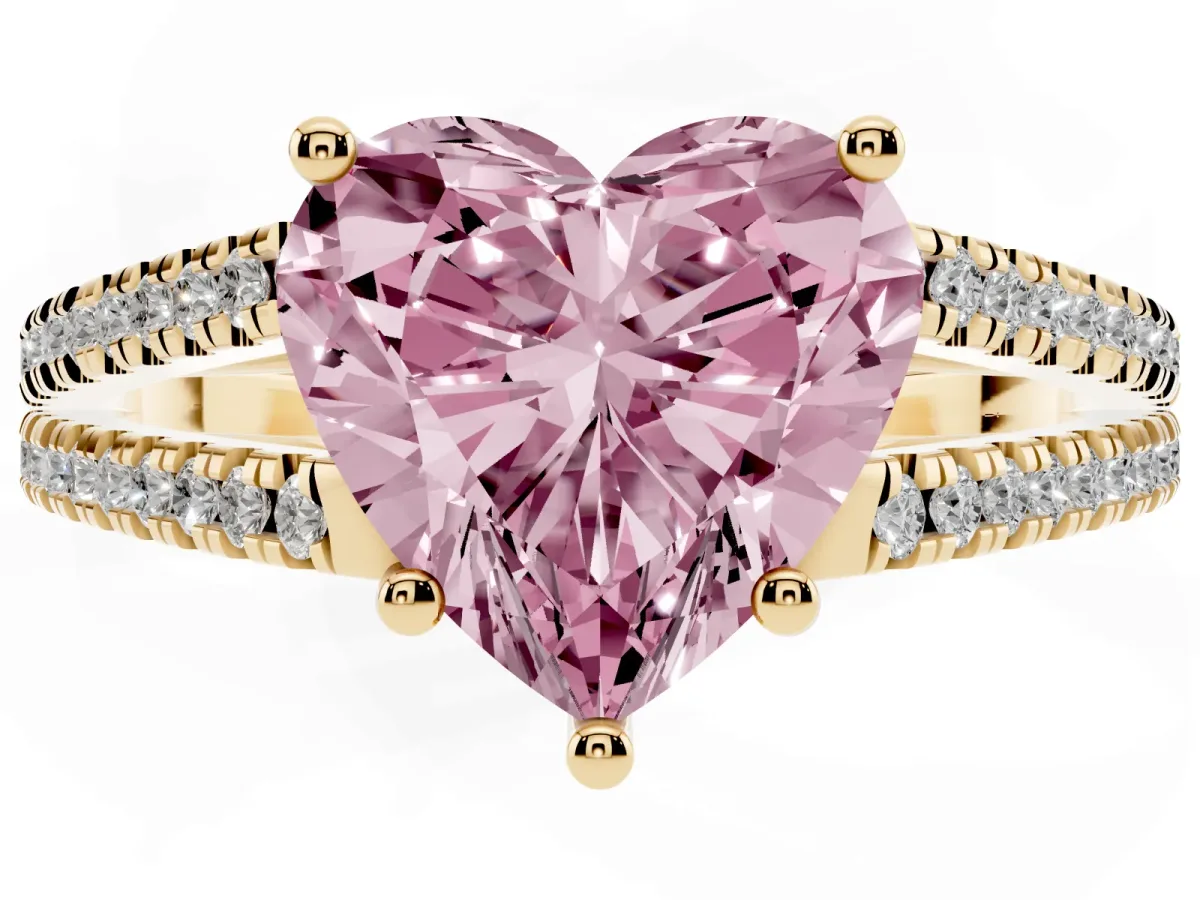 Fancy Pink Heart Cut Diamond Solitaire Engagement Ring with Split Shank Pavé Band Yellow gold