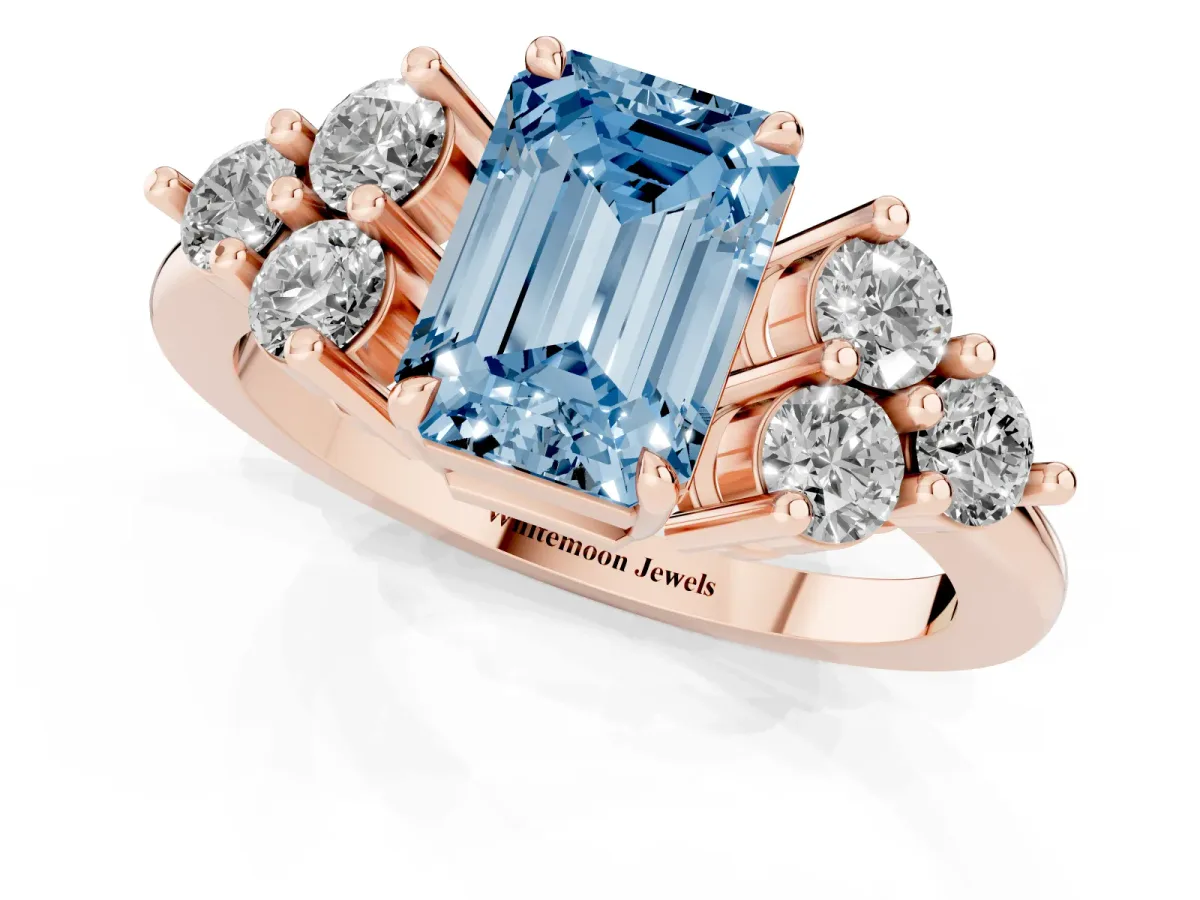 Fancy Blue Emerald Cut Brilliant Diamond Cluster Accent Solitaire Ring with Prong Setting Rose gold