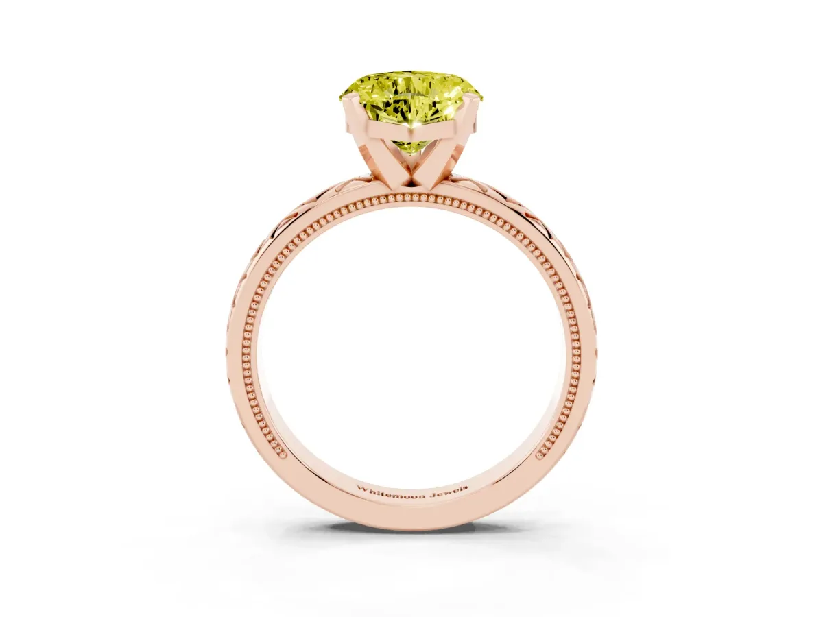 Fancy Yellow Heart Cut Solitaire Diamond Ring with Milgrain and Black Enamel X Pattern Band Rose gold