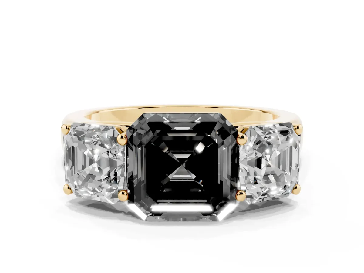 Fancy Black Asscher Cut Three-Stone Diamond Ring with Prong Setting on a Classic Band Yellow gold
