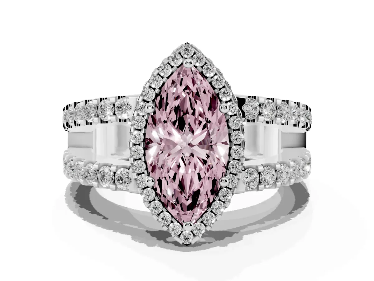 Fancy Pink Marquise Cut Cut Halo Split Shank Diamond Ring with Four-Prong Setting Silver