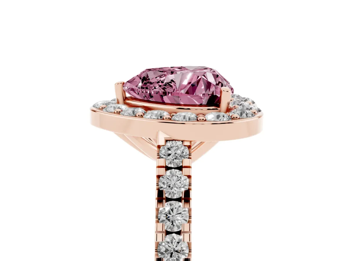 Fancy Pink Heart Cut Diamond Halo Ring with Round Pavé Split Shank and Prong Setting Rose gold